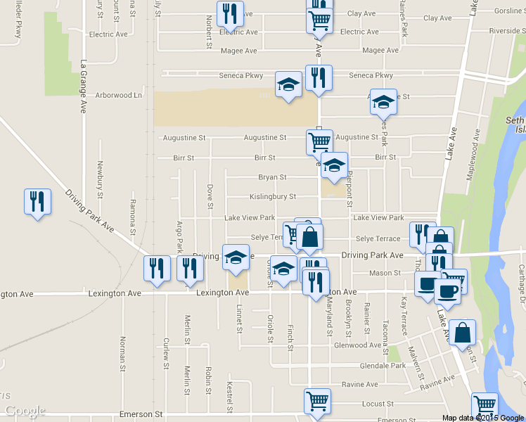 map of restaurants, bars, coffee shops, grocery stores, and more near 215 Kislingbury Street in Rochester