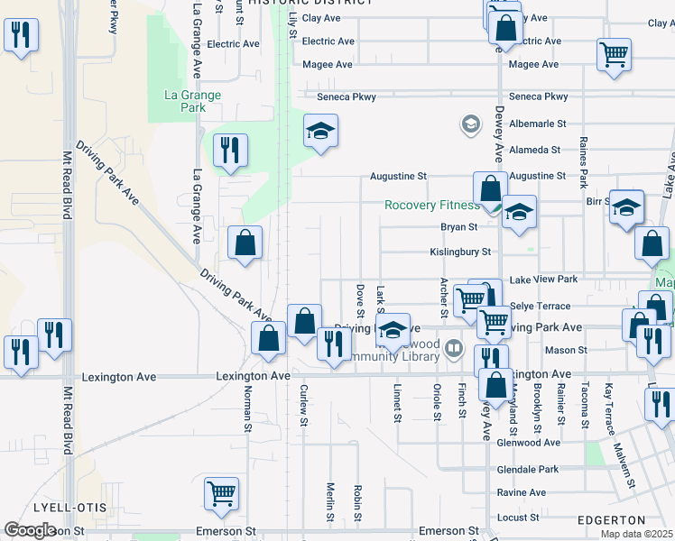 map of restaurants, bars, coffee shops, grocery stores, and more near 204 Bidwell Terrace in Rochester