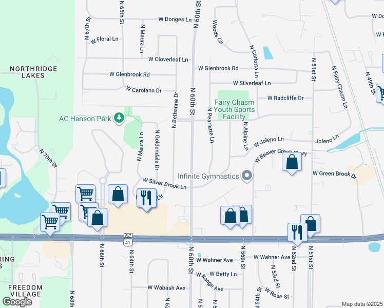 map of restaurants, bars, coffee shops, grocery stores, and more near 9124 North 60th Street in Brown Deer