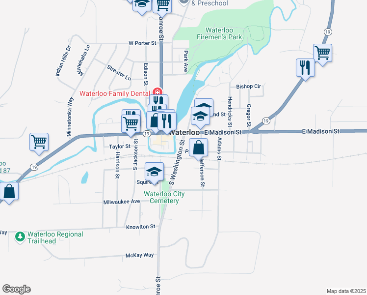 map of restaurants, bars, coffee shops, grocery stores, and more near in Waterloo