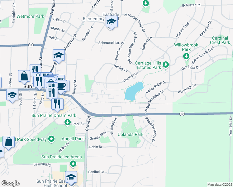 map of restaurants, bars, coffee shops, grocery stores, and more near 737 Thomas Drive in Sun Prairie