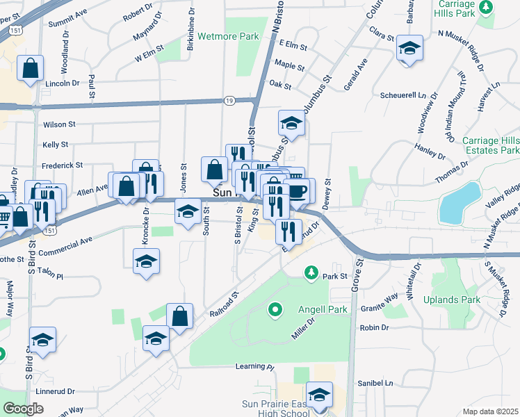 map of restaurants, bars, coffee shops, grocery stores, and more near 103 Columbus Street in Sun Prairie