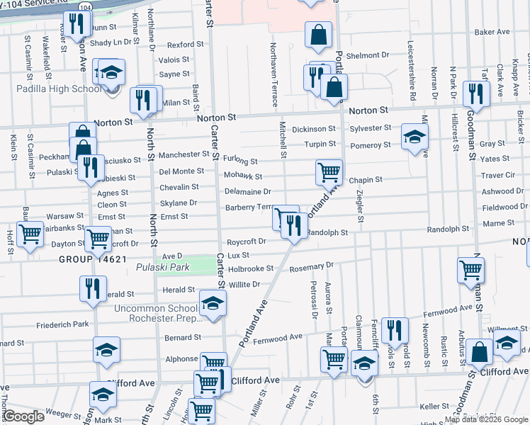 map of restaurants, bars, coffee shops, grocery stores, and more near 151 Delamaine Drive in Rochester