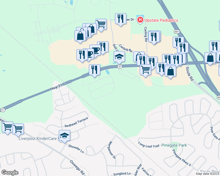 map of restaurants, bars, coffee shops, grocery stores, and more near 3884 Highway 31 in Liverpool