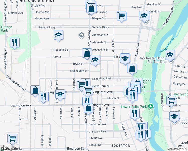map of restaurants, bars, coffee shops, grocery stores, and more near 960-964 Dewey Avenue in Rochester