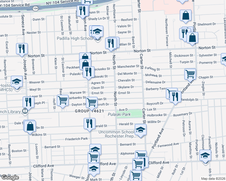 map of restaurants, bars, coffee shops, grocery stores, and more near 98 Cleon Street in Rochester