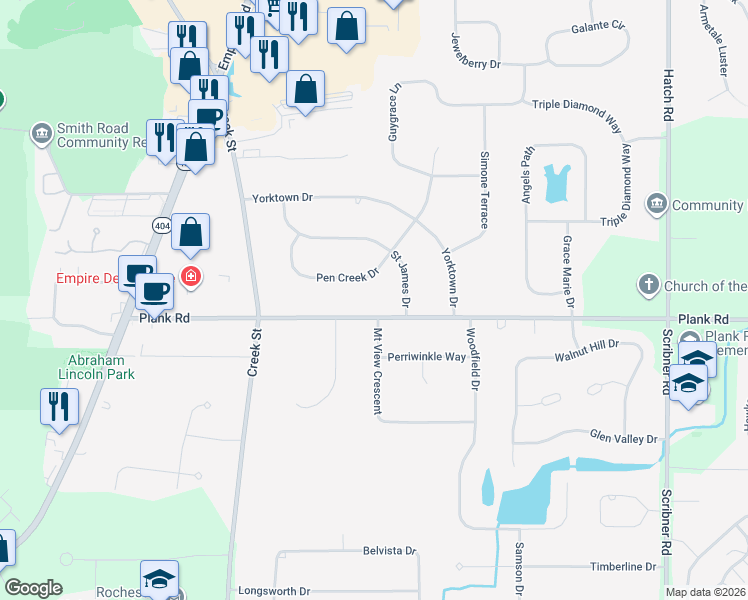 map of restaurants, bars, coffee shops, grocery stores, and more near 120 Pen Creek Drive in Webster