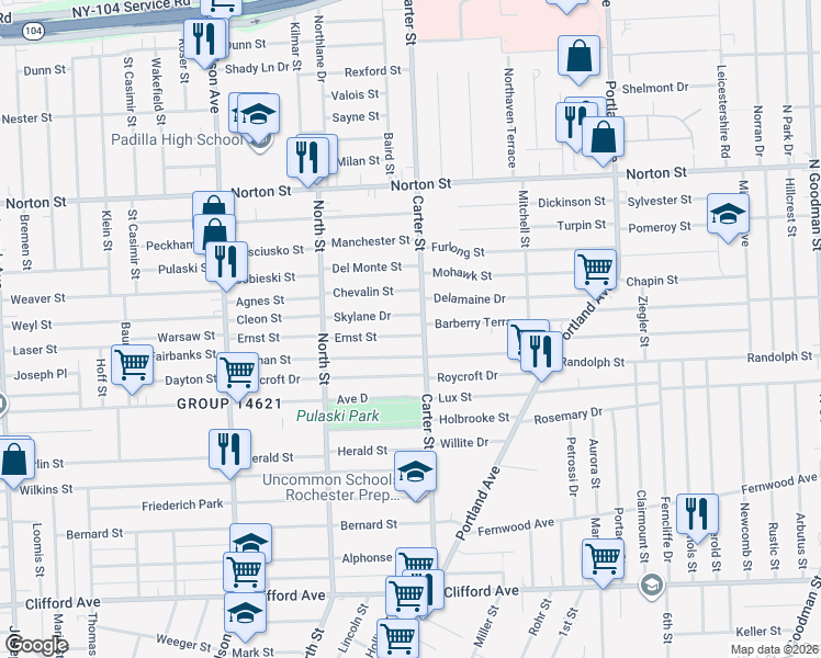 map of restaurants, bars, coffee shops, grocery stores, and more near 379 Carter Street in Rochester