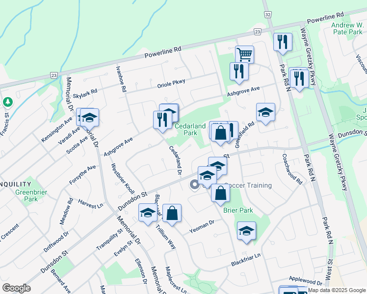 map of restaurants, bars, coffee shops, grocery stores, and more near in Brantford