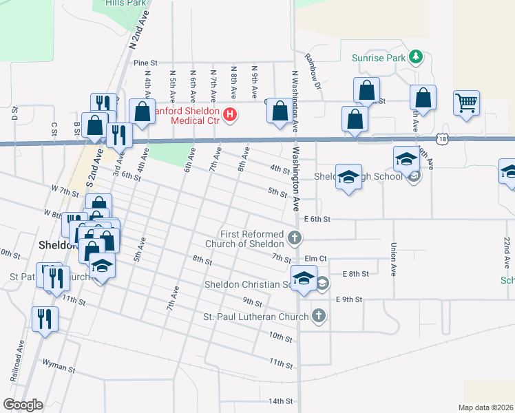 map of restaurants, bars, coffee shops, grocery stores, and more near 910 5th Street in Sheldon