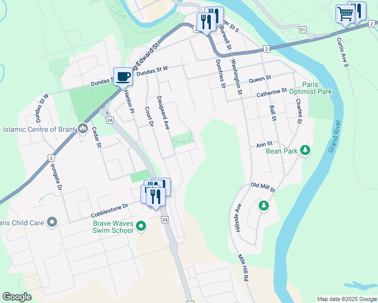 map of restaurants, bars, coffee shops, grocery stores, and more near 9 Long Lane in Brant