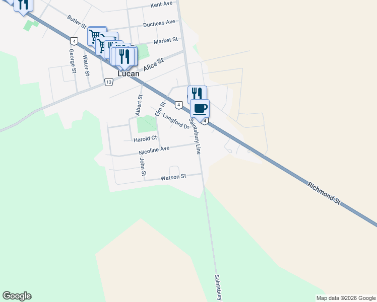 map of restaurants, bars, coffee shops, grocery stores, and more near 111 Nicoline Avenue in Lucan