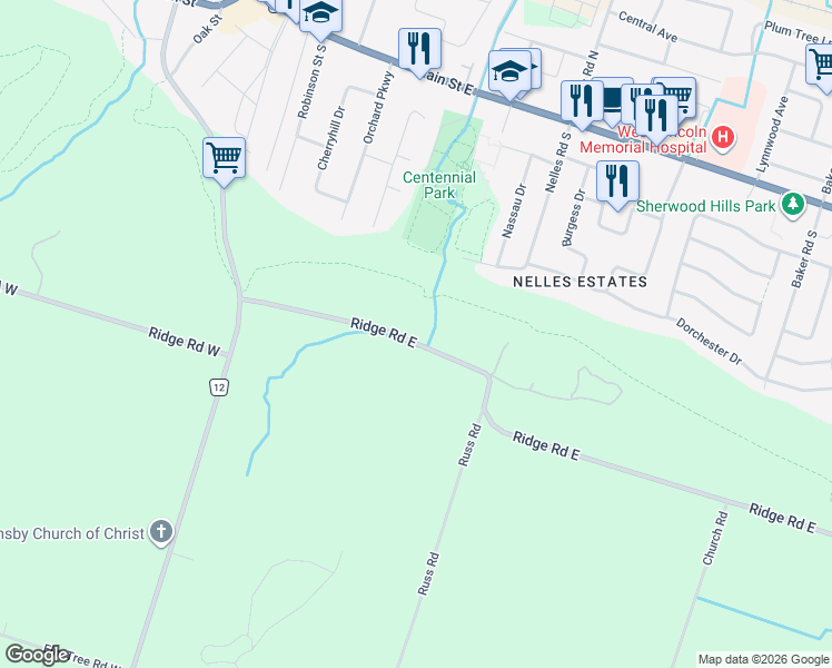 map of restaurants, bars, coffee shops, grocery stores, and more near 67 Ridge Road East in Grimsby