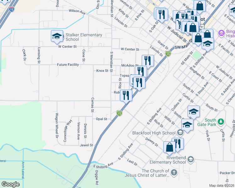 map of restaurants, bars, coffee shops, grocery stores, and more near 1039 South Meridian Street in Blackfoot