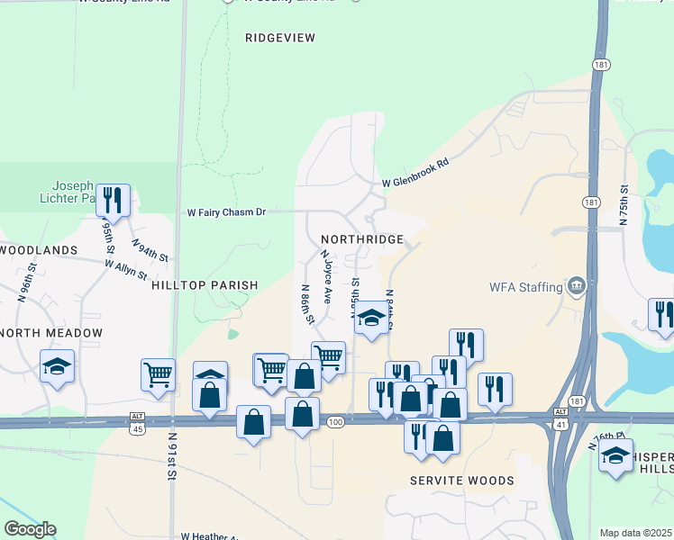 map of restaurants, bars, coffee shops, grocery stores, and more near 9116 North Joyce Avenue in Milwaukee