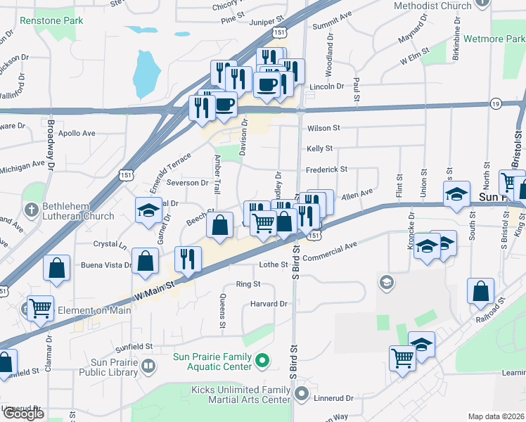 map of restaurants, bars, coffee shops, grocery stores, and more near 951 Beech Court in Sun Prairie
