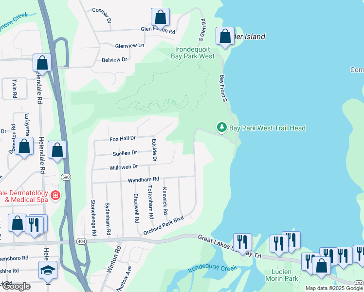 map of restaurants, bars, coffee shops, grocery stores, and more near 303 Willowen Drive in Rochester