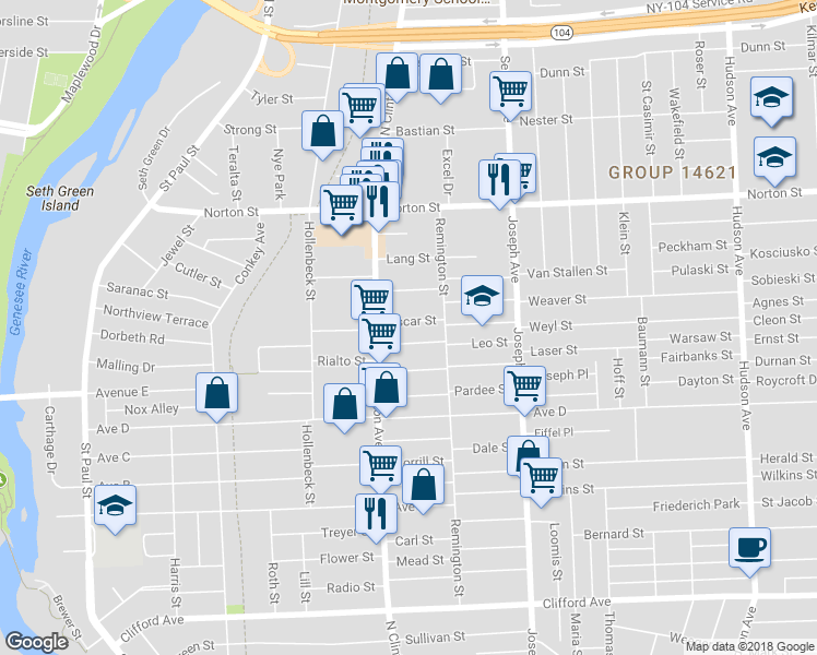 map of restaurants, bars, coffee shops, grocery stores, and more near 11 Oscar Street in Rochester