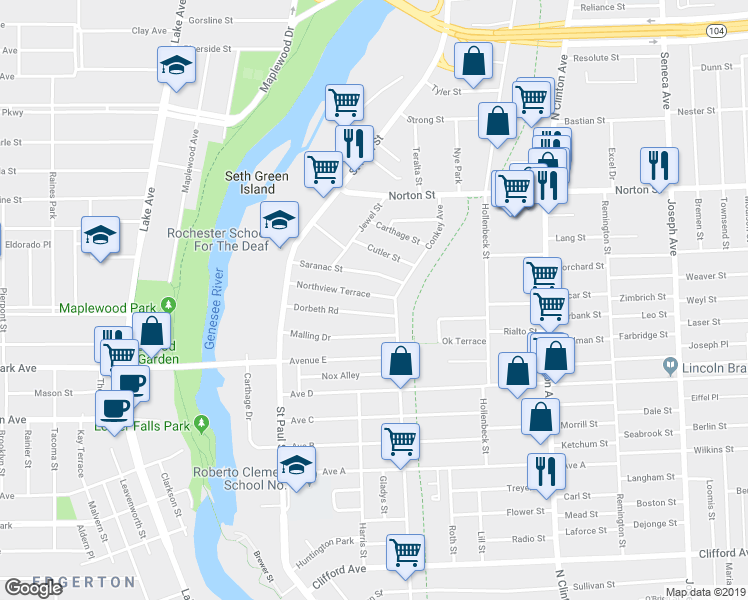 map of restaurants, bars, coffee shops, grocery stores, and more near 133 Northview Terrace in Rochester