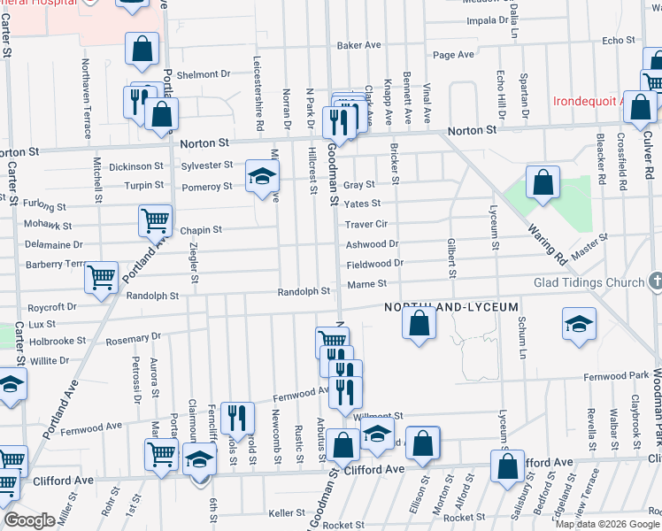 map of restaurants, bars, coffee shops, grocery stores, and more near 62 Hillcrest Street in Rochester