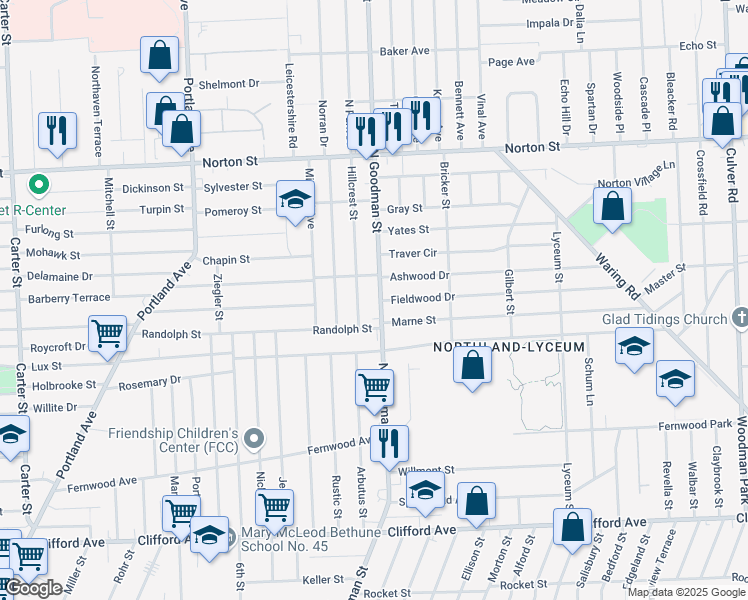 map of restaurants, bars, coffee shops, grocery stores, and more near 62 Hillcrest Street in Rochester