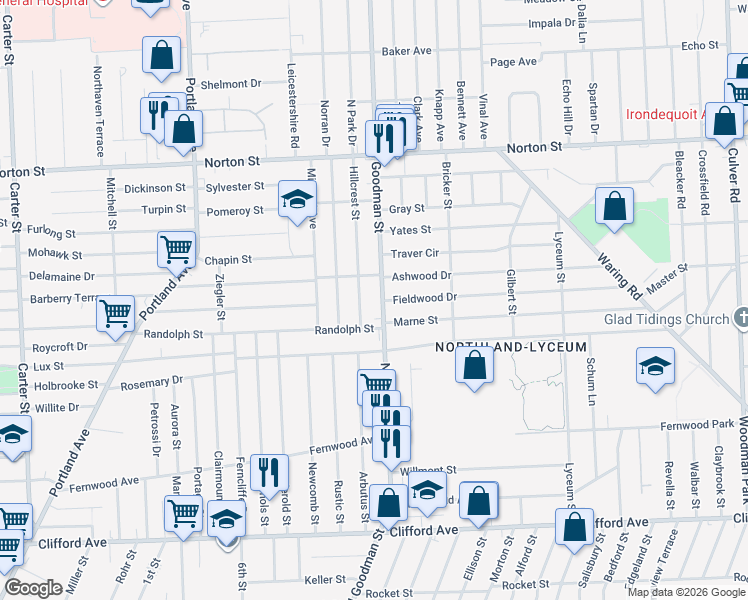 map of restaurants, bars, coffee shops, grocery stores, and more near 62 Hillcrest Street in Rochester