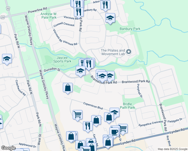 map of restaurants, bars, coffee shops, grocery stores, and more near 155 Brantwood Park Road in Brantford