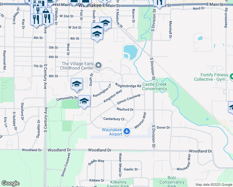 map of restaurants, bars, coffee shops, grocery stores, and more near 204 Kensington Lane in Waunakee