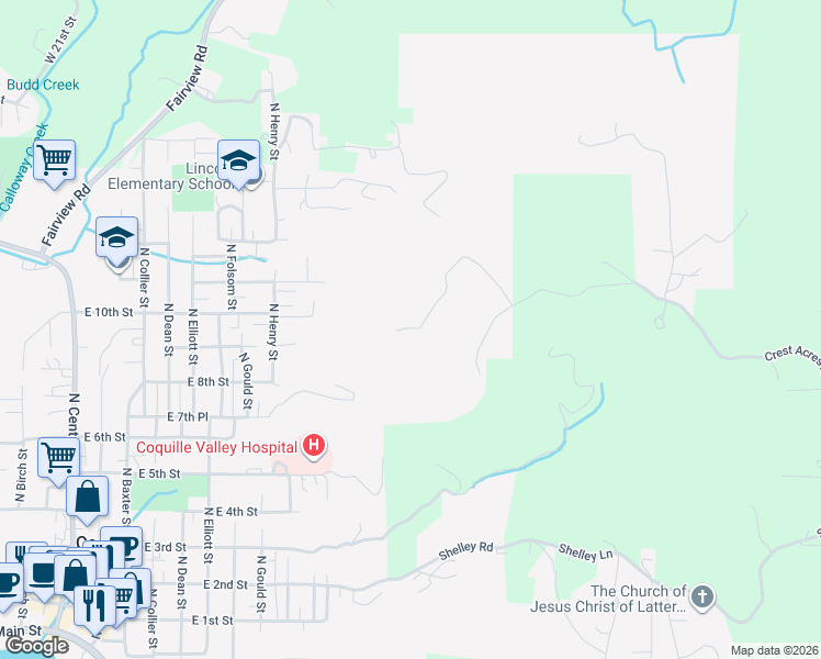 map of restaurants, bars, coffee shops, grocery stores, and more near Crest Acres Road in Coquille