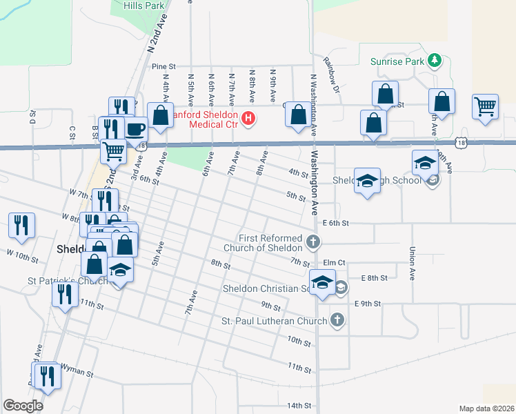 map of restaurants, bars, coffee shops, grocery stores, and more near 501-547 8th Ave in Sheldon