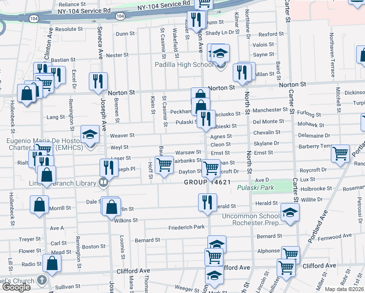 map of restaurants, bars, coffee shops, grocery stores, and more near 250 Weyl Street in Rochester