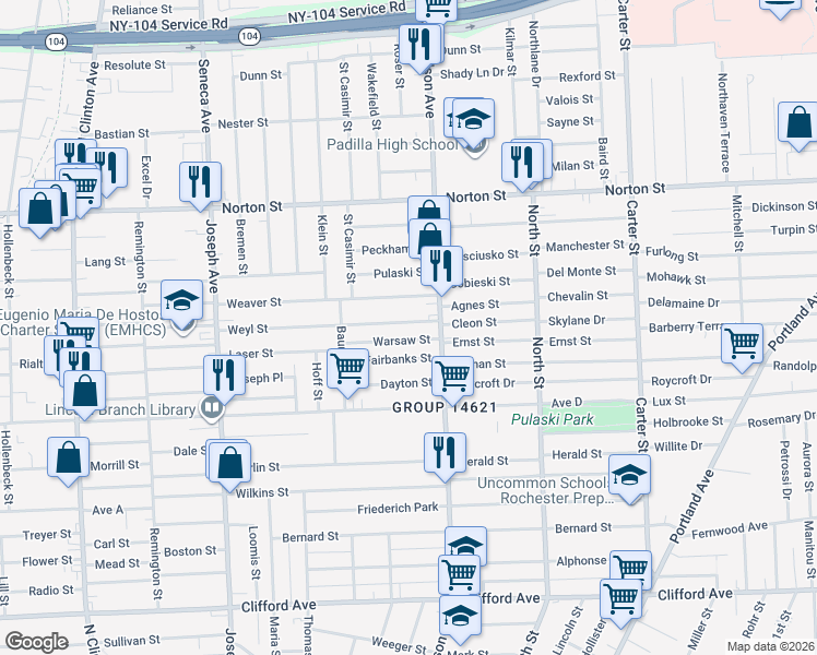 map of restaurants, bars, coffee shops, grocery stores, and more near 250 Weyl Street in Rochester
