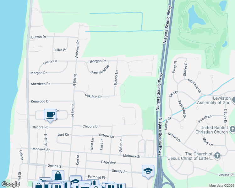map of restaurants, bars, coffee shops, grocery stores, and more near 598 Oak Run Drive in Lewiston