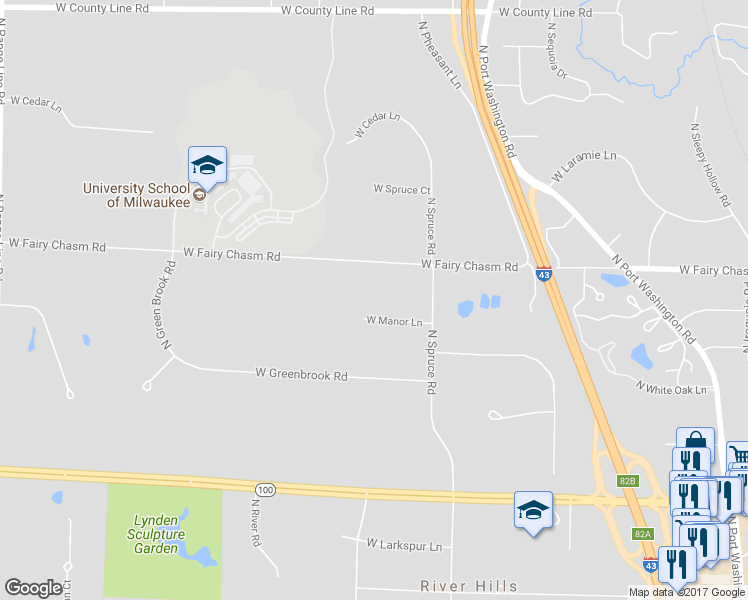 map of restaurants, bars, coffee shops, grocery stores, and more near 1520 West Manor Lane in River Hills