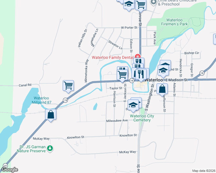 map of restaurants, bars, coffee shops, grocery stores, and more near 432 West Madison Street in Waterloo