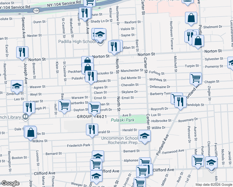 map of restaurants, bars, coffee shops, grocery stores, and more near 1303 North Street in Rochester