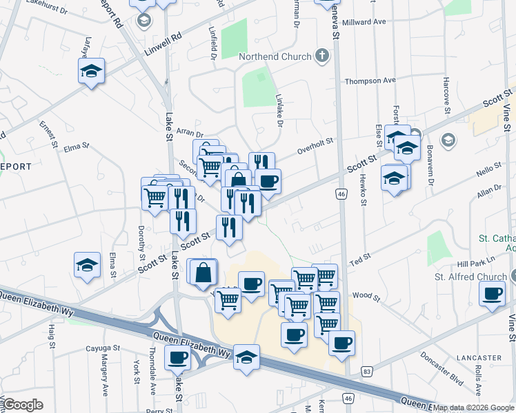 map of restaurants, bars, coffee shops, grocery stores, and more near 2 Secord Drive in St. Catharines
