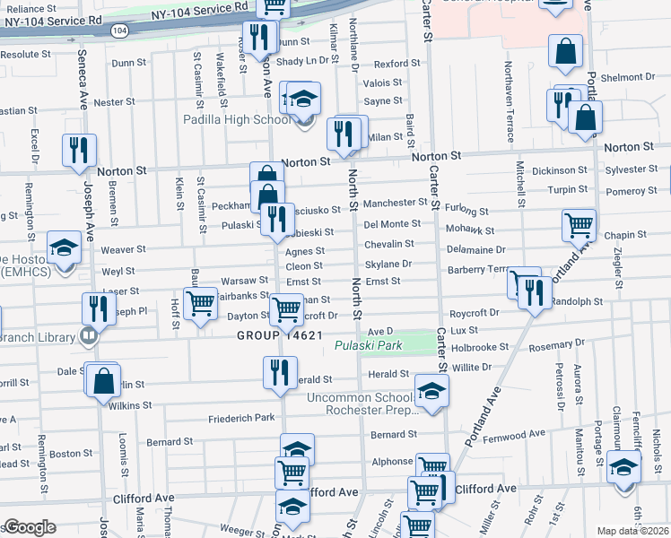 map of restaurants, bars, coffee shops, grocery stores, and more near 98 Cleon Street in Rochester