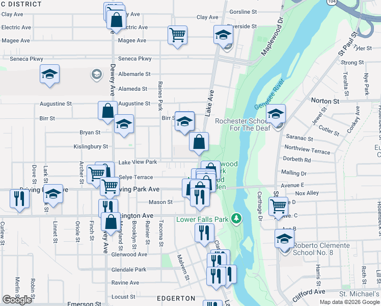 map of restaurants, bars, coffee shops, grocery stores, and more near 2 Lake View Park in Rochester