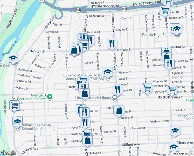 map of restaurants, bars, coffee shops, grocery stores, and more near 28 Oscar Street in Rochester