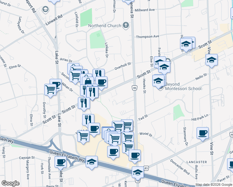 map of restaurants, bars, coffee shops, grocery stores, and more near 198 Scott Street in St. Catharines