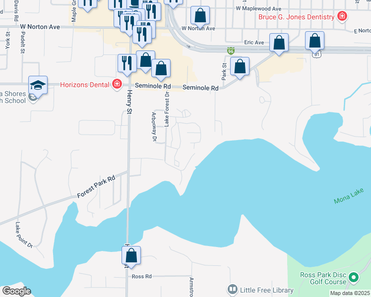 map of restaurants, bars, coffee shops, grocery stores, and more near 581 Lake Forest Lane in Norton Shores