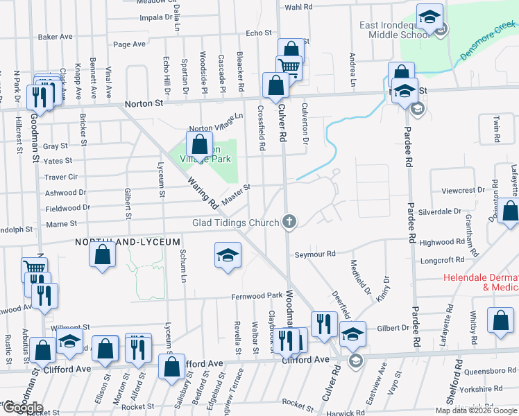 map of restaurants, bars, coffee shops, grocery stores, and more near 130 Crossfield Road in Rochester