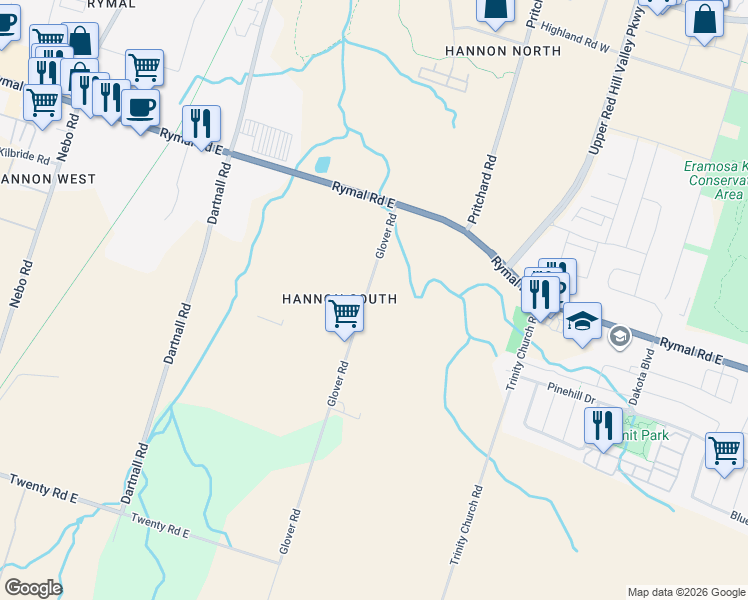 map of restaurants, bars, coffee shops, grocery stores, and more near 67 Glover Road in Hamilton