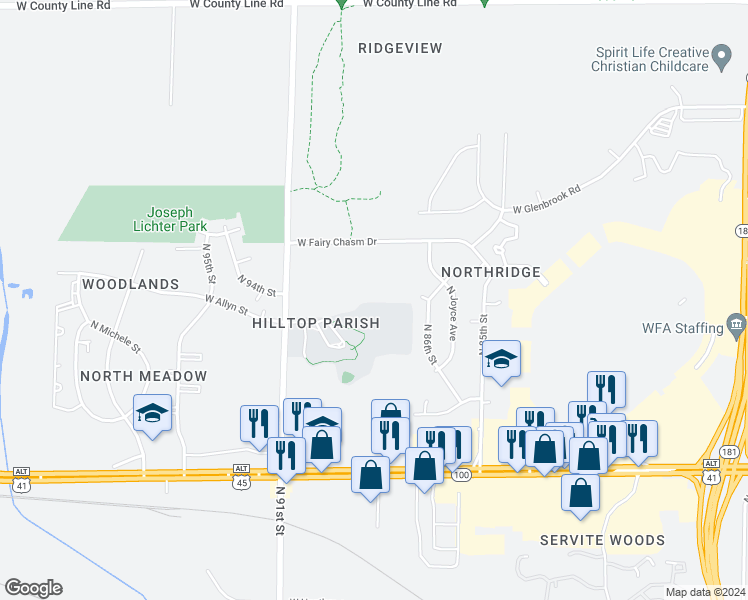 map of restaurants, bars, coffee shops, grocery stores, and more near 8803 West Fairy Chasm Drive in Milwaukee