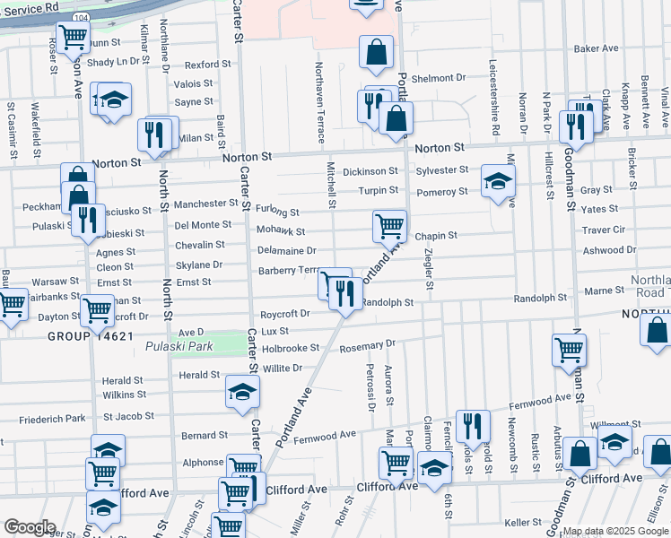 map of restaurants, bars, coffee shops, grocery stores, and more near Mitchell Street & Barberry Terrace in Rochester