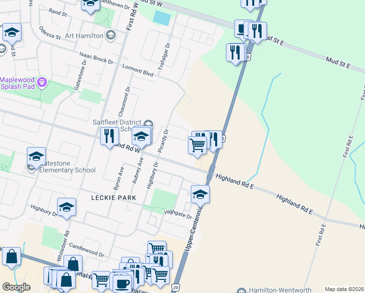map of restaurants, bars, coffee shops, grocery stores, and more near 19 Picardy Drive in Hamilton