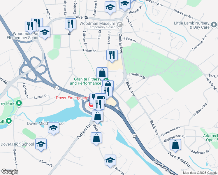 map of restaurants, bars, coffee shops, grocery stores, and more near 273 Locust Street in Dover