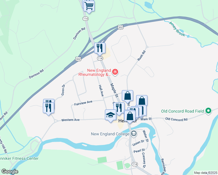 map of restaurants, bars, coffee shops, grocery stores, and more near 150 Maple Street in Henniker