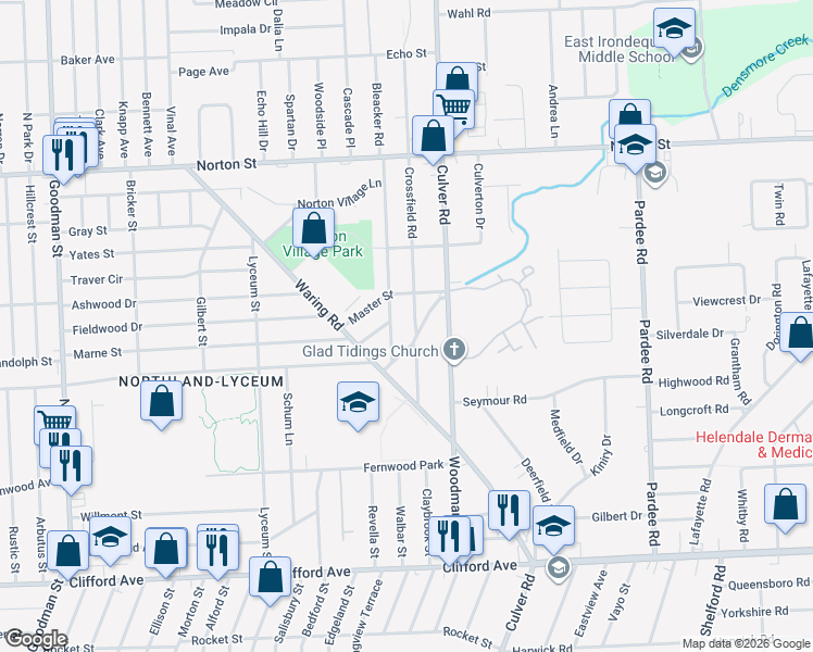 map of restaurants, bars, coffee shops, grocery stores, and more near 130 Crossfield Road in Rochester